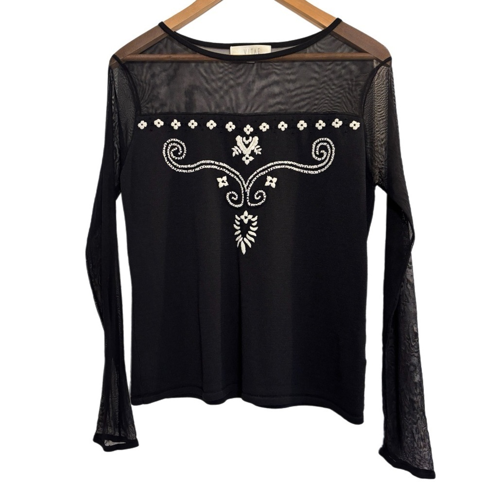 VITAE long sleeve black sweater top w/ white embroidery & sheer top panel